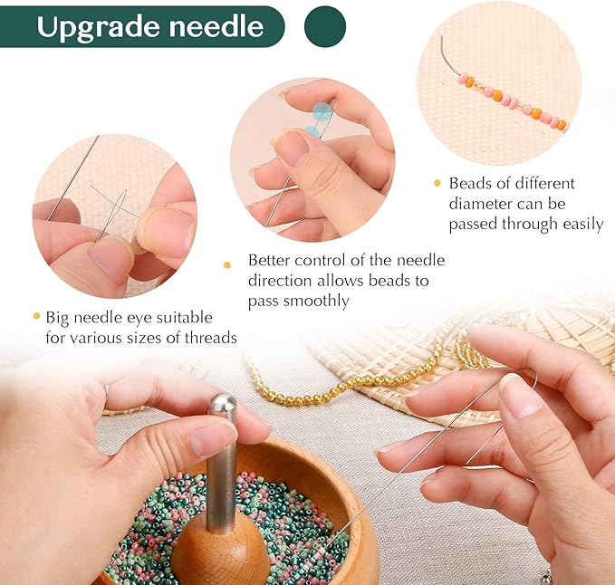 Tilhumt Bead Spinner for Jewelry Making, Effortless Rotating Wooden Clay Bead Spinner with 2 Big Eye Beading Needles and 3000 Seed Beads, Beading Supplies for Making Waist, Bracelets, Necklace