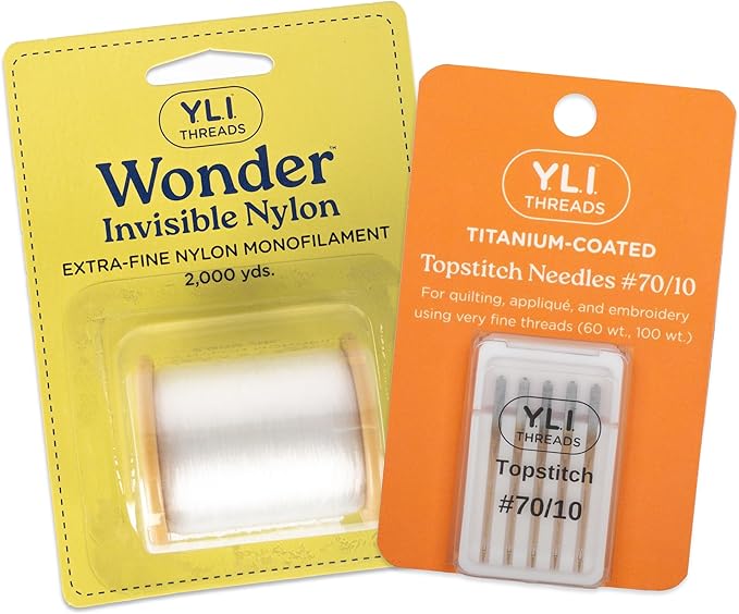 YLI Invisible Thread – Fine Polyester Monofilament for Quilting, Appliqué & Stitch-in-The-Ditch (Wonder Invisible Thread & Topstitch #70/10, Combo Pack)