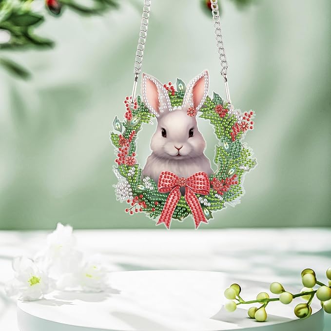 Tontut Bunny Diamond Painting Hanging, Easter Special Shape Diamond Painting Kits, Acrylic Crafted Diamond Art for Home Wall Garden Decoration