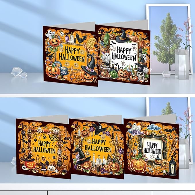 5D DIY Diamond Painting Greeting Card Kit, Diamond Art Halloween Pumpkin Gnome Holiday Greeting Card, Art Crafts Kit Creative Gift with Envelope (5pcs-Black)