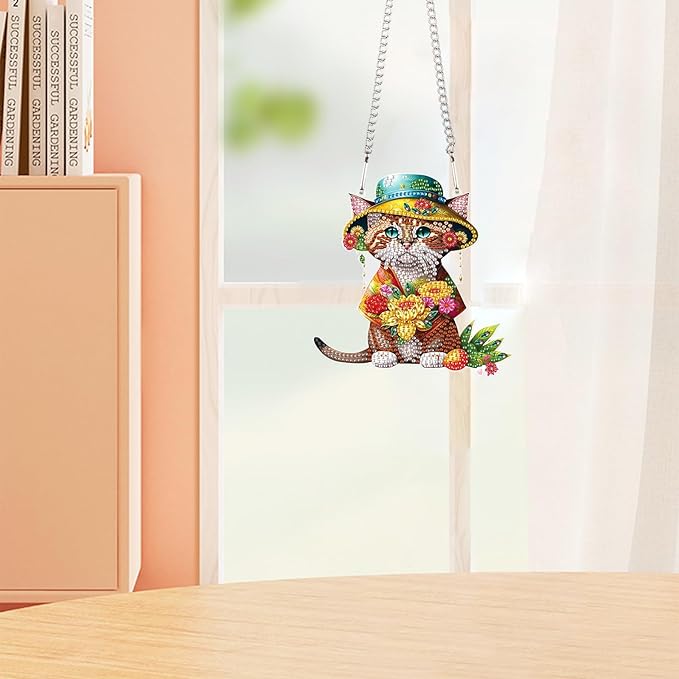 AiYuanzsh 5D Animal Cat Diamond Painting Kits Hanging Pendants Wall Art Point Drill Crystal Diamond Art Window Pendants Home Garden Wall Door Birthday Easter Day Festival Gifts