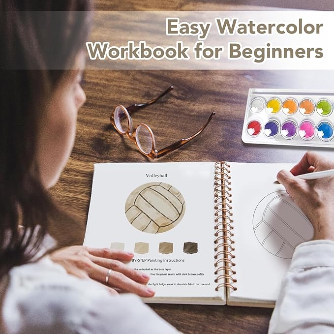 Easy Watercolor Workbook for Beginners - 12 Beautiful Step-by-Step Paintings Water Coloring Book, Includes 16 Colors Paints, Relaxing Art Projects and Creative Gift for Adults & Teen (Sports Ball)