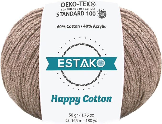 Estako Happy Cotton, 60% Cotton 40% Acrylic Yarn, Soft, Fine/Sport (2) for Crochet and Knitting 1.76 Oz (50g) / 180 Yrds (165m) (4420 - Milky Brown)