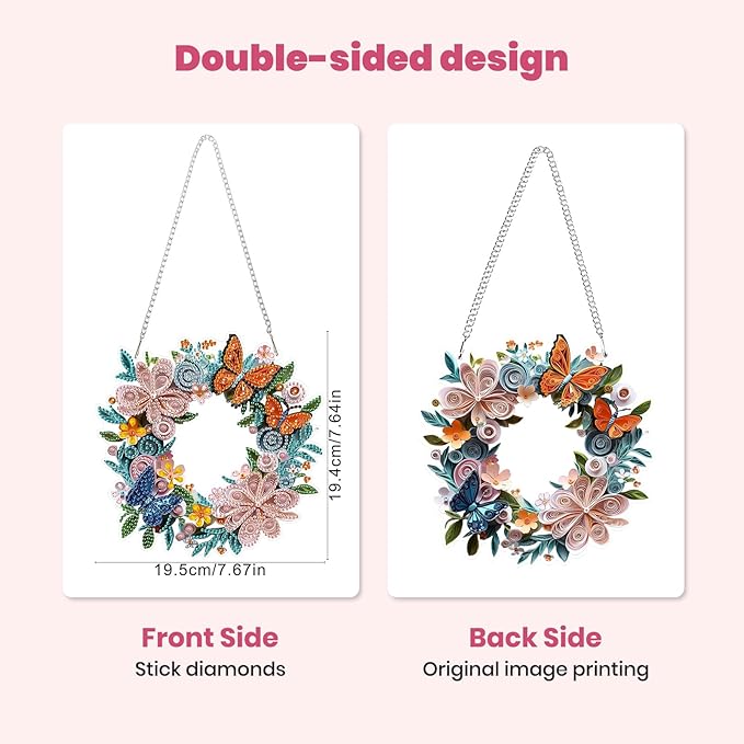 MXJSUA Special Shaped Hanging Diamond Painting Art Kits for Adults, Flower Butterfly Wreath 3D Crystal Rhinestone Acrylic Gem Art Pendant Ornaments Kit for Home Decoration and Gift
