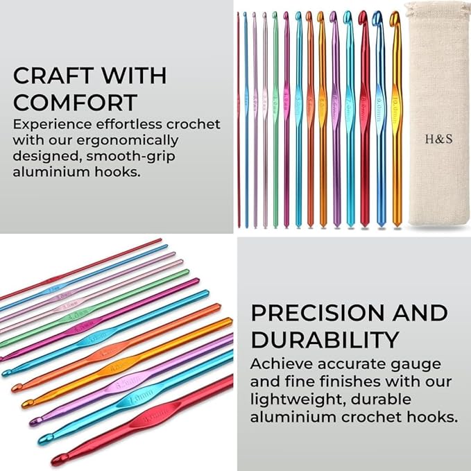 H&S Crochet Hooks Set Aluminium 14pcs Needles with Pouch Case 2mm 2.5mm 3mm 3.5mm 4mm 4.5mm 5mm 5.5mm 6mm 6.5mm 7mm 8mm 9mm 10mm