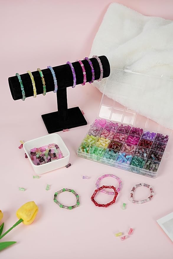 REVKI 6 * 12mm Glass Beads Bracelet Making Kit for Kids,600pcs 24 Colors Natural Bamboo Crystal Beads for Jewelry Making,Glass Beads for DIY Necklace Crafts