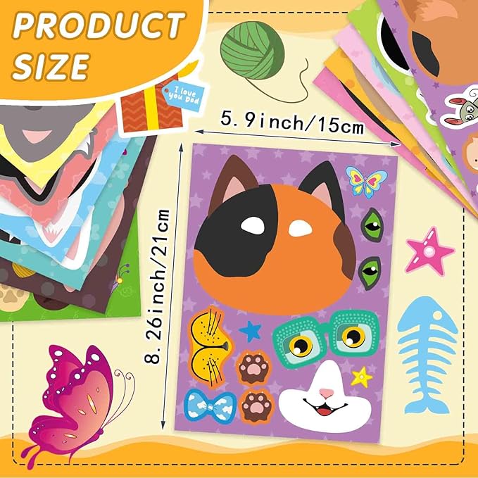 48 sheets cat stickers,make a face stickers for kids, make your own cat sticker, animal sticker for kids 3-5, brithday gift party favors, teacher reward classroom games craft