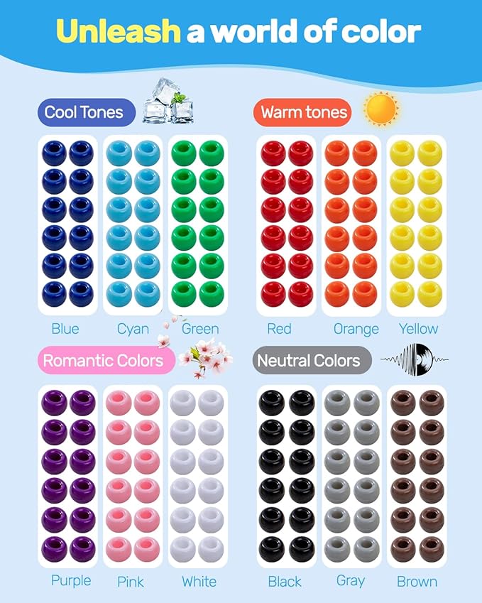 1000+ Pcs Pony Beads, 9mm Multi-Colored Kandi Beads for Bracelet Making, Hair Braids, Necklaces, Key Chains, Jewelry (Rainbow Pack)