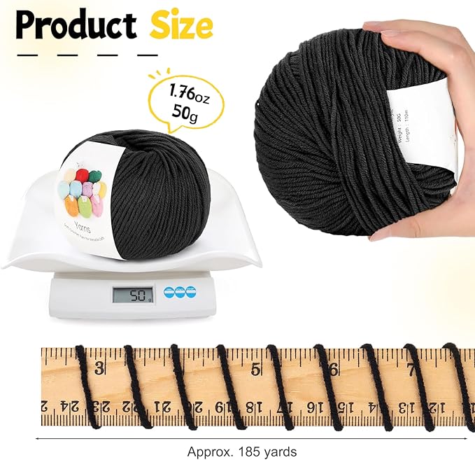 katech cotton yarn for crocheting-55% cotton 45% acrylic-4 medium (worsted)-super soft milk cotton yarn-great crochet and knitting starter kit for colorful craft（black）