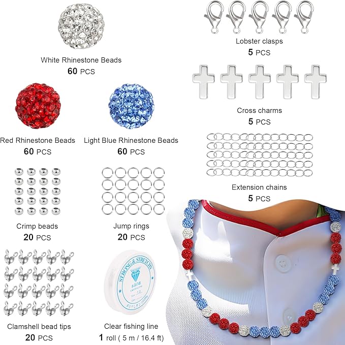 256Pcs 10mm Rhinestone Beads Kit for Baseball Necklaces, 3 Colors Round Disco Ball Beads Set with Cross Charms and Accessories for Bracelets Earrings Jewelry Making DIY Decoration