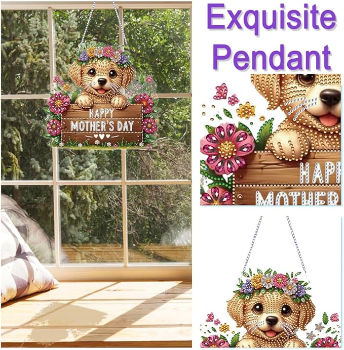 POETRYDRAW DIY Hanging Diamond Art Pendant Kit Dog, Special Crystal Acrylic Diamonds Painting Ornament for Adults, 5D Diamond Art Suncatchers Gem Painting Box Kit