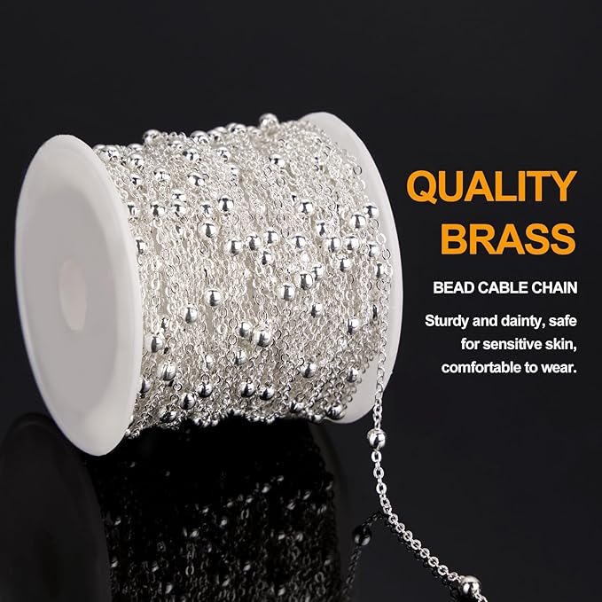 KYUNHOO 32.8 Feet Beaded Chain for Jewelry Making Thin Cable Chains Bulk Silver Jewelry Supplies for Women Men DIY Handcrafts with Lobster Clasps Jump Rings