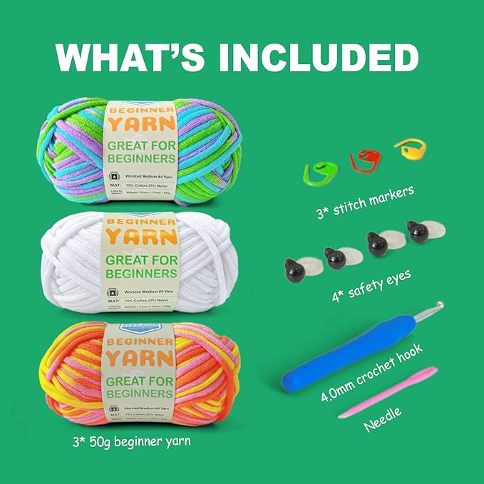 3 * 50g/1.76oz Yarn for Crocheting and Knitting, 3 * 60yds Beginner Yarn with Easy-to-See Stitches; Worsted-Weight Medium #4;Amigurumi-Friendly Crochet Kit (Dawn+Ocean+White)