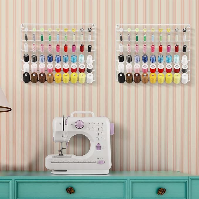 YBING Thread Holder Wall Mount 54 Spools Sewing Thread Rack Embroidery Thread Organizer Rack Sewing Thread Holder White with Hanging Tools for Quilting Braiding Hair Metal 2 Pack