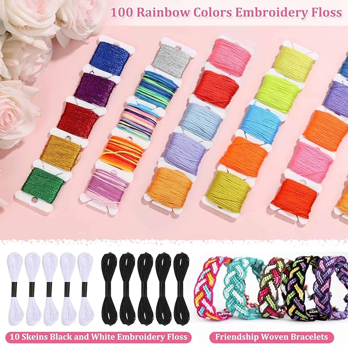 PAXCOO 985Pcs String Bracelet Making Kit, Friendship Bracelet String Kit with 110 Skeins Embroidery Floss Cross Stitch Thread, 830 Beads for Friendship Bracelet Making, 45Pcs Embroidery Tools