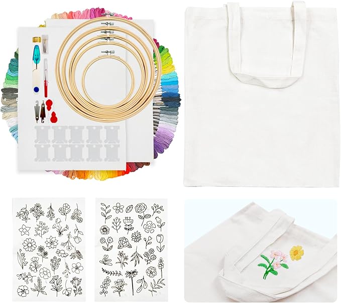 SNAIL GARDEN 256PCS Complete Embroidery Kit with Canvas Bag,2 Sticky Water Soluble Paper Stabilizers with 50 Patterns, 100 Colorful Threads, 5 Hoops, Fabric Pieces, Needle Threaders,Thread Organiser