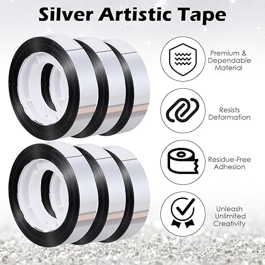 cobee 6 Rolls Mirror Tape, Silver 1.2 Cm Wide Decorative Tapes Self Adhesive, 25 M Washi Tape DIY Graphic Art Tapes for Tv Frame Wall Decor Crafts and Gift Box Wrapping