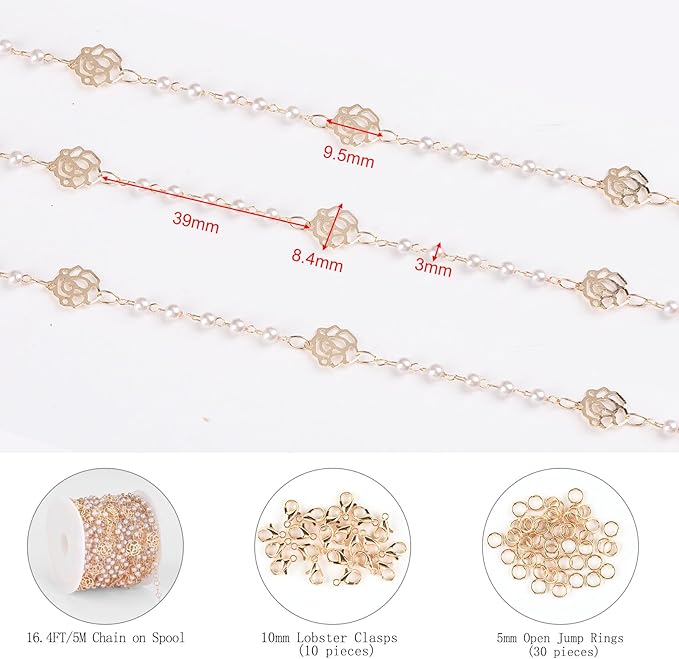 KYUNHOO 16.4 Feet 3MM Faux Pearl Bead Chain for Jewelry Making Rose Flower Link Brass Cable Chains Bulk with Clasps for Handcraft DIY Finding Supplies