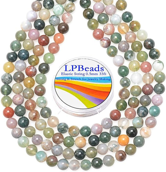 LPBeads 200Pcs Polished 6mm Round Natural Indian Agate Gemstone Loose Beads with Stretch Cord for Jewelry Making Bracelets