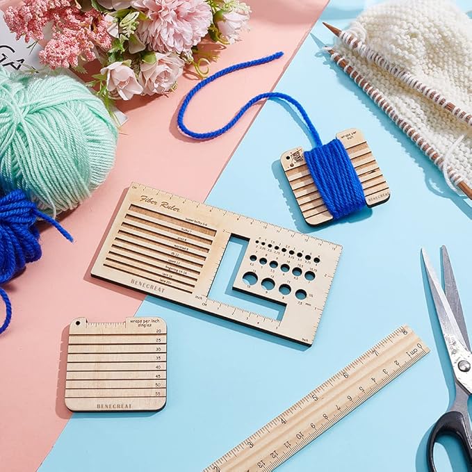 BENECREAT 3Pcs Knitting Needle Gauge Multifunctional Wood Spinning Control Card Knitting Tool for Spinners Yarn WPI Guide Gauge Measuring Tools Crochet Accessories