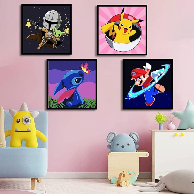KOJEFCV 4 Pack Cartoon Paint by Number for Kids-Paint by Numbers for Kids Ages 4-8-12, DIY Paints with Numbers Easy Acrylic Oil Painting Kits for Home Wall Decor (8X8inch)