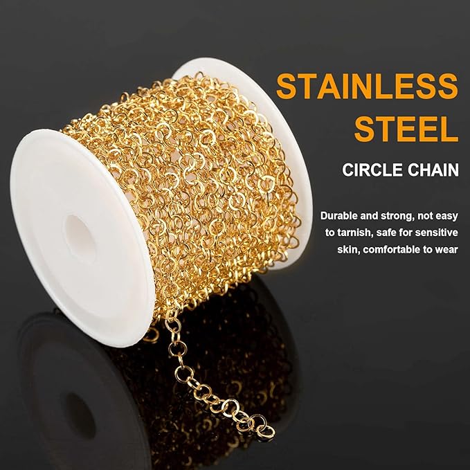 KYUNHOO 16.4 Feet Gold Plated Stainless Steel Jewelry Making Chains 4mm Circle Link Chain Bulk for Women Bracelet Necklace DIY Crafts Jewelry Supplies with Jump Rings and Lobster Clasps