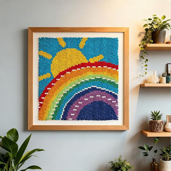 ORIGACH Rainbow & Sun Latch Hook Rug Kit for Adults Printed Rug Making Kit Handmade Carpet Tapestry Cover with Hook Latch and Preprinted Canvas, Home Arts Crafts Sofa Decor, 17.72x17.72inch