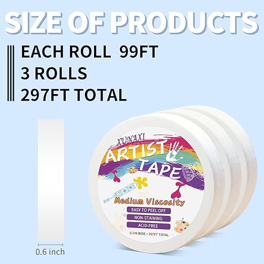 3 Packs Artist Tape Medium Tack White Art Tape for Watercolor Paper Drafting Art Painting Canvas Framing Acid Free Masking Tape- 0.7IN Wide 297FT Long Total