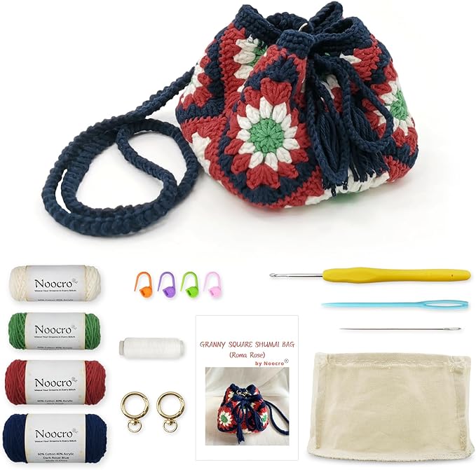 Noocro Crochet Kit Granny Square Shumai Bag, Purse, Complete DIY Kit, Detailed Instructions, Video Tutorials, for Beginners or Intermediate and Advanced Crocheters (Roma Rose)