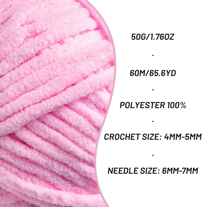 Plush Chenille Chunky Crochet Yarn - Baby Yarn for Crocheting Soft - Velvet Yarns Knitting for Blankets Crafts - Fluffy Amigurumi Yarns 50g / 65.6yd (Dark Pink)