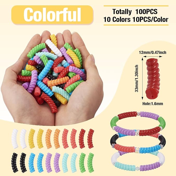 Crafans 100Pcs 12mm Acrylic Tube Beads 10 Colors Twist Long Noodle Curved Tube Beads for Crafts DIY Bamboo Bangles Bracelet Jewelry Making Supplies