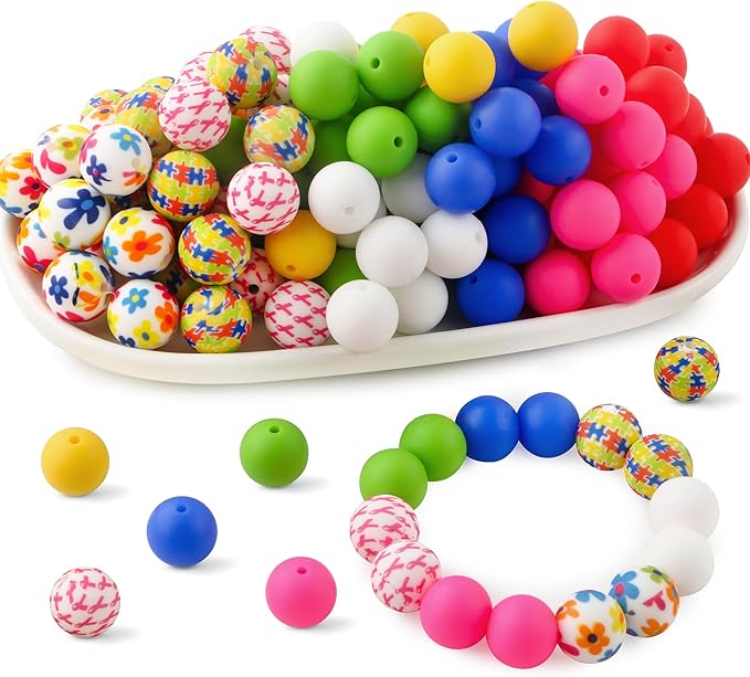 70Pcs Print Silicone Beads for Keychain Making,Round 15mm Silicone Beads for Pens, Necklace and Bracelets Making（Medical Print）