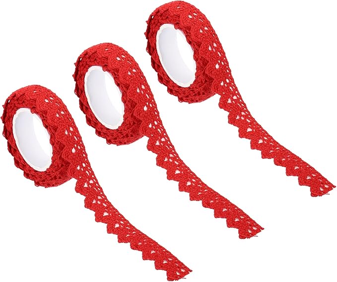 PATIKIL 0.6" Wide 2 Yards Self-Adhesive Lace Tape Lace Ribbon, 3 Pack Cotton Washi Trim Stickers Masking Decorative for Craft Scrapbook DIY Card Making, Red