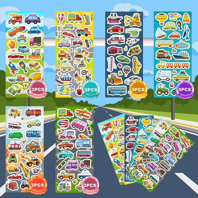 36 sheets cars and trucks stickers for kids, 700+ vehicle transportation stickers party favors pack including cars, construction,fire trucks,buses,airplane,rocket and more!
