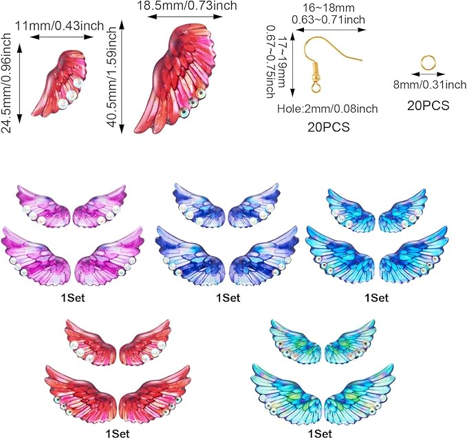 FASHEWELRY 20Pcs Resin Angel Wing Charms for Jewelry Making, Bright Color Fairy Wing Earring Charms Colorful Feather Pendant Earrings Making Kit Earring Hook Jump Rings
