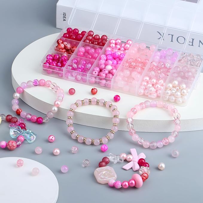 DUQGUHO 8mm Pink Beads for Jewelry Making Pink Glass Beads for Crafts Rose Glass Round Bead for Bracelets, Necklaces & DIY Crafts 360PCS