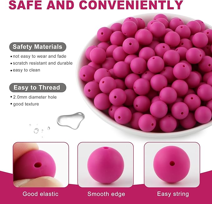 150Pcs 15mm Silicone Beads for Keychain Making Bracelet Necklace, Bulk Round Silicone Beads for Pens（Violet Red）