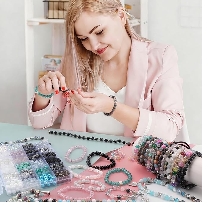 rired 27 600pcs 8mm round glass beads for jewelry making, 24 colors crystal glass beads kit including crackle/stone/pearl beads for bracelet necklace diy supplies adults christmas decoration