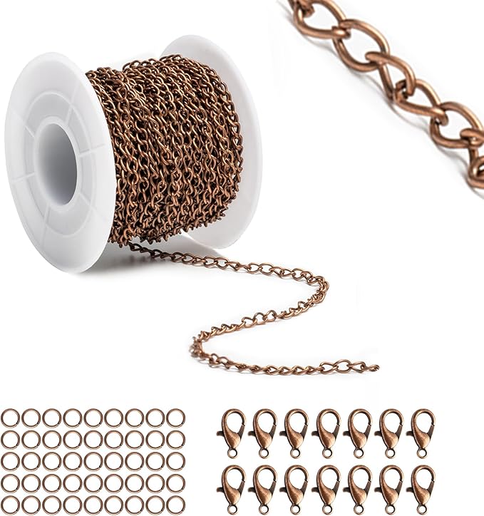 Lemonkey 33 Feet Metal Red Copper Necklace Chains Curb Links Chains Bulk for Jewelry Making DIY Craft Kit with Lobster Clasps Jump Rings