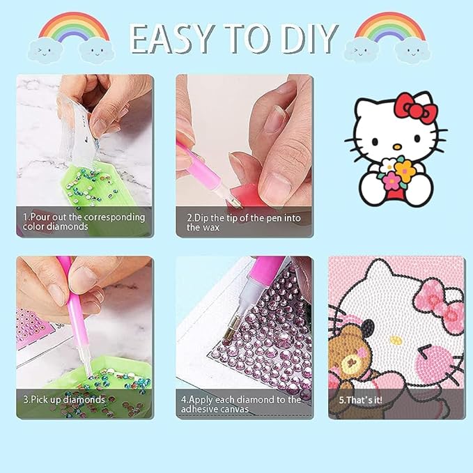 PERFECTSIGHT Cute 5D Diamond Art Kits with Wooden Frame, Kawaii DIY Painting Art for Adults, Diamond Arts and Crafts Sets, Big Gem Full Drill Diamond Dots for Women Beginners (Pink Kitty)
