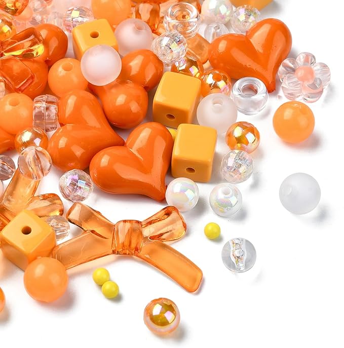 Ipotkitt 130 Pcs Acrylic Mixed Shape Beads Orange Color Beads Heart Round Bowknot Cube Barrel Spacer Beads for DIY Necklace Bracelets Jewelry Making