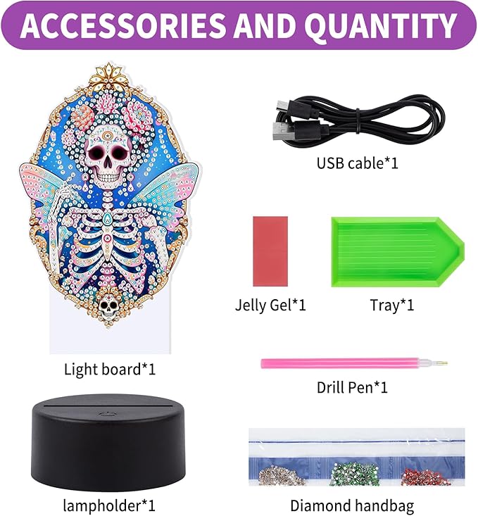 ALKALO Diamond Painting Night Light, Diamond Painting Kits for Adults Desktop Ornaments for Table Tabletop Decor Diamond Art Accessories for Adult Beginner Touch Lamp for Bedrooms Living Room-Skull