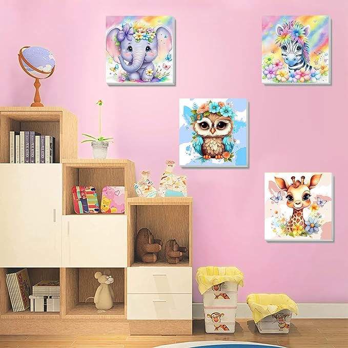 4 Pack Animal Paint by Number for Kids with Wooden Frame, Paint by Numbers for Kids Animals Ages 4-8-12, Easy Elephant Owl Giraffe Zebra DIY Acrylic Oil Painting Kits for Home Wall Decor (8X8 inch)