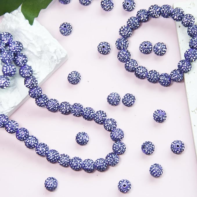 200 Pcs 10mm Rhinestone Beads for Jewelry Making, Purple Shiny Round Shamballa Disco Baseball Necklace Beads Sparkle Crystal Clay Pave Rhinestones Bead for DIY Bracelet Earring Craft Making Supplies