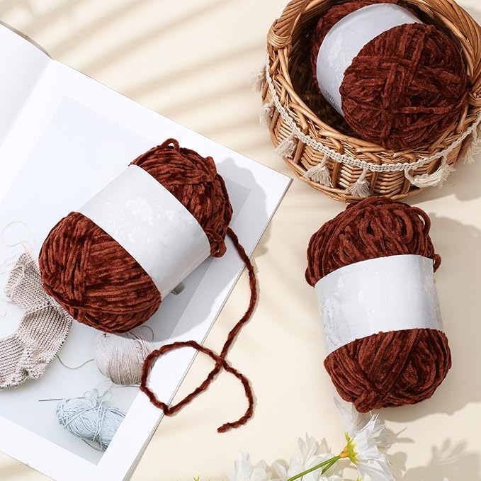 Amylove 6 Rolls Soft Velvet Chenille Yarn for Crocheting 1182 Yards Polyester Blanket Fuzzy Thick Yarn for DIY Knitting Bulky Weaving Crafts, 197 yd, 3.53 oz Each Roll(Coffee)