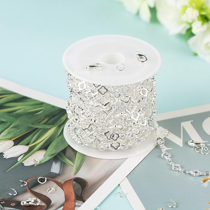 YOUBEIYEE 4 Yard Silver Plated Brass Chain for Jewelry Making Hollow Four Leaf Clover Necklace Bracelet for Women Jewelry Making Chains Bulk