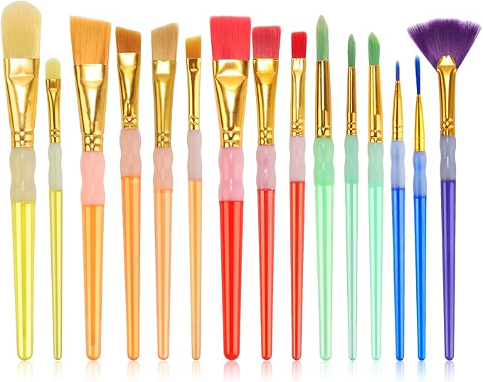 15Pcs Paint Brushes Value Pack, Includes 15 Different Types of Brushes, Nylon Colorful Hair with Silicone Crystal Penholder, Prefect Works with Oil, Acrylic and Watercolor Painting