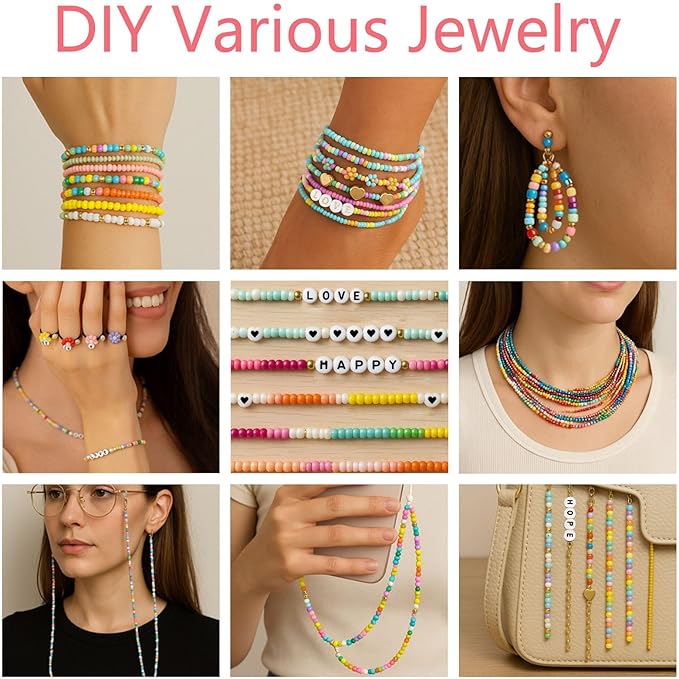 ALIRICH 21600Pcs 3mm Glass Seed Beads for Jewelry Making, 48 Colors Crafts Bead Kit with Letter Smile Face Star Love Heart Beads, Gold Silver Findings Beads for DIY Art Bracelets Necklaces for Women