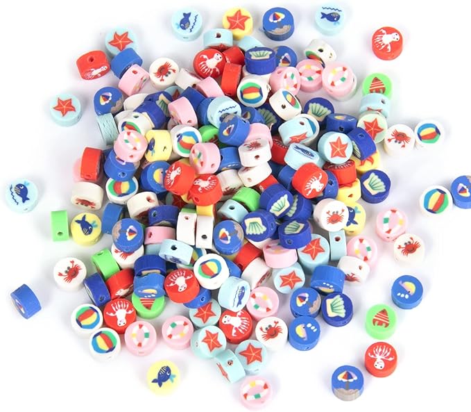 200PCS Polymer Clay Ocean Animal Beads - 10mm Mixed Colorful Flat Round Beads Spacer Kit for Jewelry Making DIY Bracelet Necklace