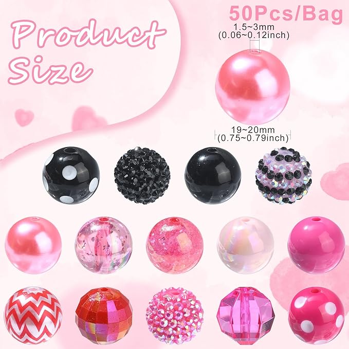 Ipotkitt 50 Pcs 19~20mm Acrylic Beads Sets Colorful Resin Bubblegum Round Spacer Beads Large Chunky Plastic Beads for Valentine's Day DIY Jewelry Decor